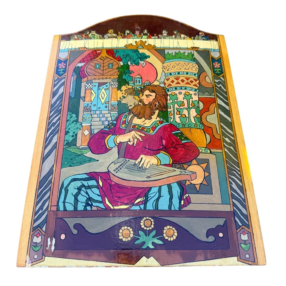VTG Russian Folk Art Wood Cutting Board: Dobrynya Nikitich & Alyosha Popovich